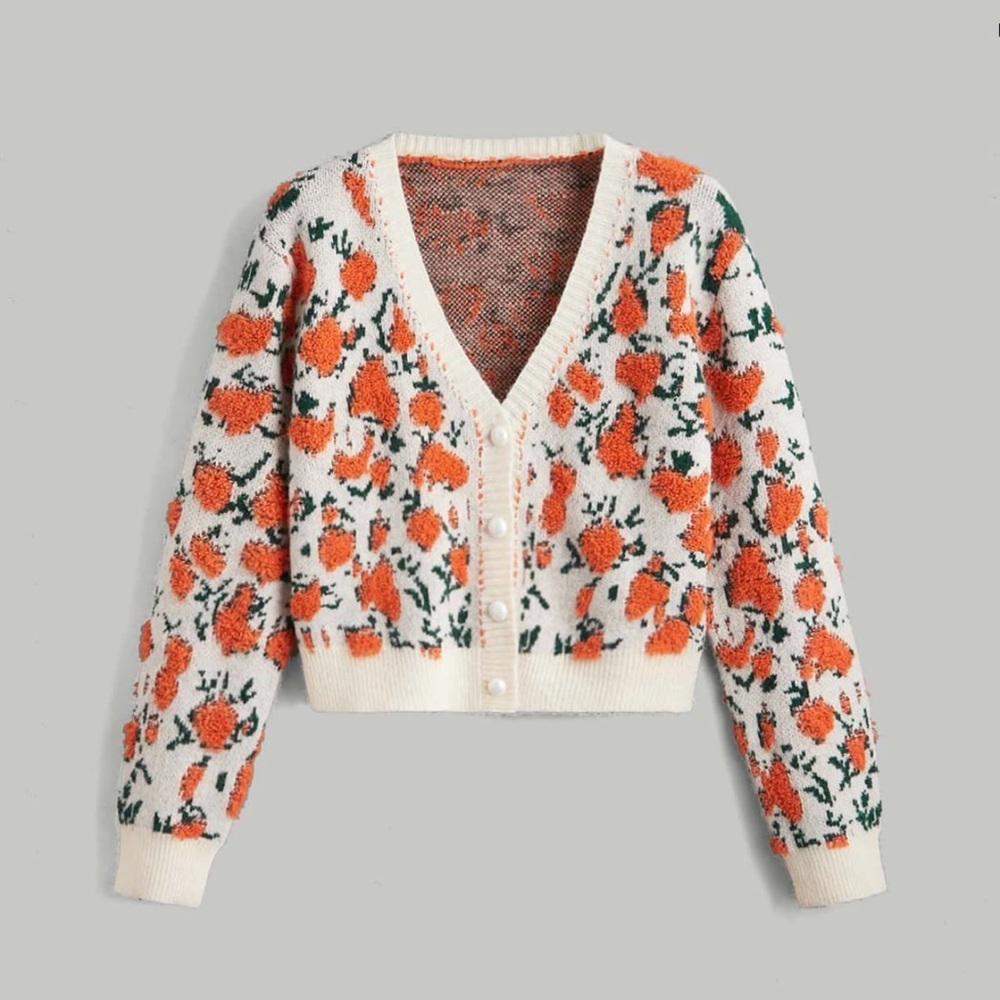 Cream and Orange Floral V-Neck Cropped Cardigan Sweater Large - Picture 9 of 12